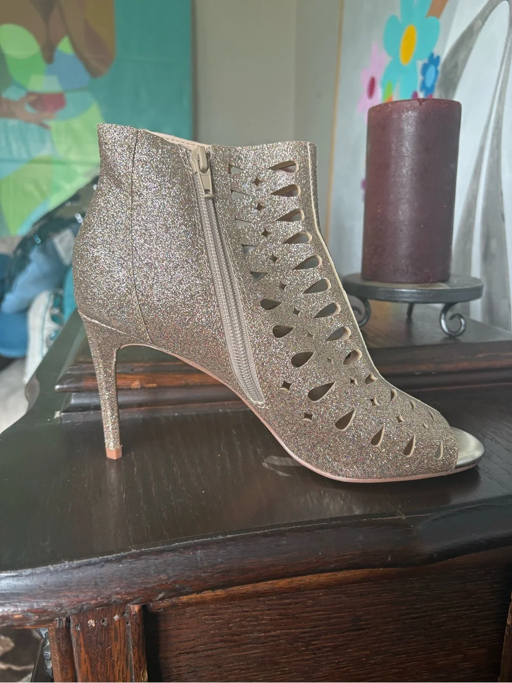 Nine West Glitter Cutout Peep-Toe Ankle Booties in Rose Gold Glitter